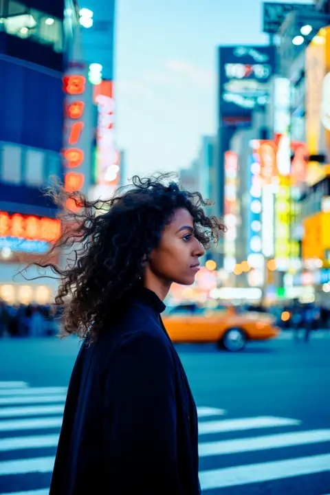 A street photographer captures a woman with wind-blown curly hair paused on a crosswalk, backlit by neon signs of a bustling city at twilight.  The blurred lights create vibrant bokeh effects around her, with reflections shimmering on the wet asphalt. The image has a cinematic quality, emphasizing the dynamic energy of city life with rich, saturated colors.