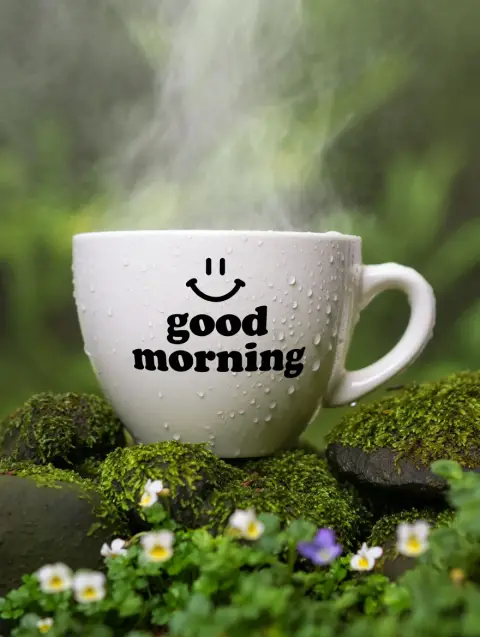 A white ceramic coffee cup sits among green moss-covered rocks and small white wildflowers in a forest setting. The cup has text reading "good morning" in black Cooper Black font wrapping around its surface, with a simple black smiley face logo positioned at the top. Water droplets collect on the cup's surface, while morning mist partially obscures the background foliage. Small purple and yellow wildflowers peek through the moss at the base of the rocks. Soft focus photography with natural lighting and atmospheric haze creating dreamy lighting effects.