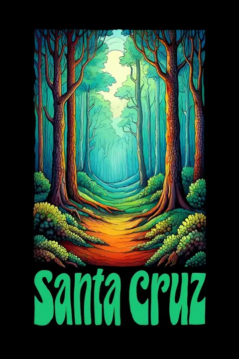 A forest poster created in stipple dot technique laid atop gouache watercolors. The text "Santa Cruz" appears in wavy, psychedelic lettering at the bottom of the composition in deep green. The overall aesthetic combines retro 70s design elements with surreal distortions of reality. Vintage 1970s poster art with psychedelic colors and distorted perspectives on a dark background.