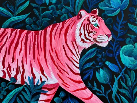 A large fingerpainted tiger with bright pink fur and red stripes emerges from a background of teal and blue fingerpainted florals and fauna. The tiger's body faces right while its head turns toward the viewer, with visible fingerpaint brushstrokes creating texture throughout its fur. The background features an array of teal and blue fingerpainted leaves, flowers, and plant forms that swirl and intermingle behind the tiger's form. Close-up photographic documentation of fingerpaint artwork with even lighting to show paint texture and brushwork detail.