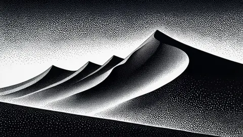 A black and white stippled illustration of a desert landscape viewed from above captures a jagged dune ridge formation with three distinct pointed projections extending from the left side. The composition uses countless tiny black dots of varying density to create form and texture, with the darkest areas defining the dune's silhouette against lighter areas that represent the illuminated face in the lower right portion. A gradient of stippled dots increases in density toward the horizon, depicting the sky. The right-heavy composition shows natural side lighting casting dramatic shadows across the dune's surface, while the stippling technique creates a grainy, textured quality throughout the entire image. High-contrast black and white ink illustration using stipple technique with precise dot patterns on white paper.