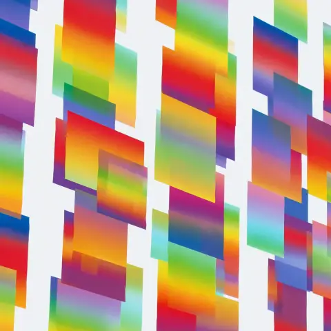 An abstract digital art piece featuring four vertical columns of rectangular gradient color blocks arranged in a slightly angled, non-uniform pattern against a clean white background. Each gradient block displays smooth transitions between vibrant colors including reds, yellows, greens, blues, purples, and oranges. The rectangular blocks vary in height and are arranged with small white spaces between them, creating a rhythmic visual pattern. The composition achieves balance through the distribution of color intensity and block sizes across the canvas. The even, diffuse lighting illuminates the color gradients uniformly, allowing the saturated hues to stand out prominently. The overall effect is a harmonious yet dynamic abstract composition that explores color relationships through geometric arrangement.