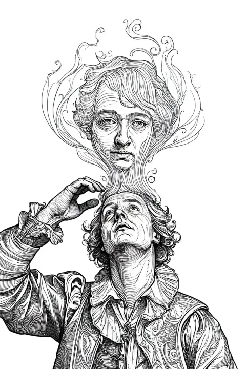 A detailed baroque-style line drawing depicts a human figure reaching up towards their own head, where a second, ghostly image emerges from their own scalp. The main figure wears period-appropriate 17th century clothing with ruffled collar and ornate fabric details. The emerging image above takes the form of a translucent, ethereal version of the figure's own visage, appearing to be pulled or drawn out from the top of their head. The background features elaborate swirling patterns characteristic of baroque ornamentation. Black and white pen and ink drawing with intricate linework and cross-hatching typical of baroque period illustrations.