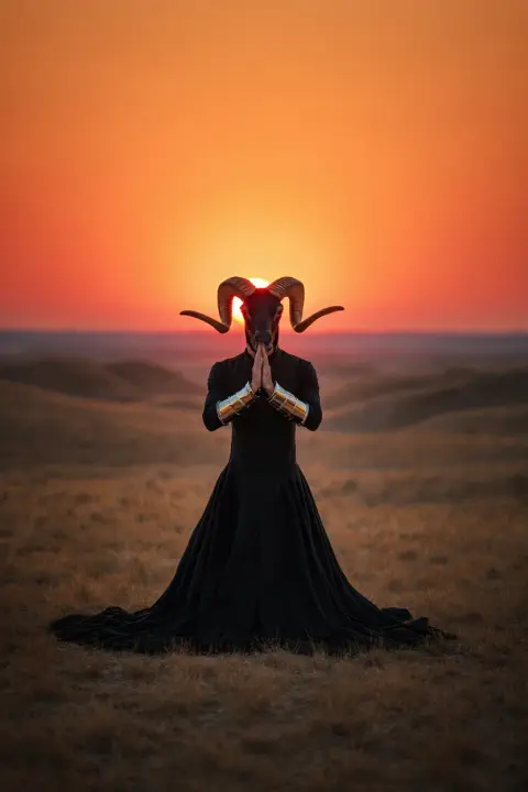 A mysterious centaur-like figure kneels in prayer amidst a vast prairie landscape, their flowing black robes spread wide around them like wings. The figure's ram's head is bowed, massive curved horns casting long shadows as the sun sets behind. Metallic gauntlets gleam on their upraised arms, catching the last rays of light. Behind the figure, rolling sand dunes melt into the fiery horizon, painting the sky in hues of orange and red.  High-contrast fantasy photography with dramatic lighting and dreamlike grain and blur.