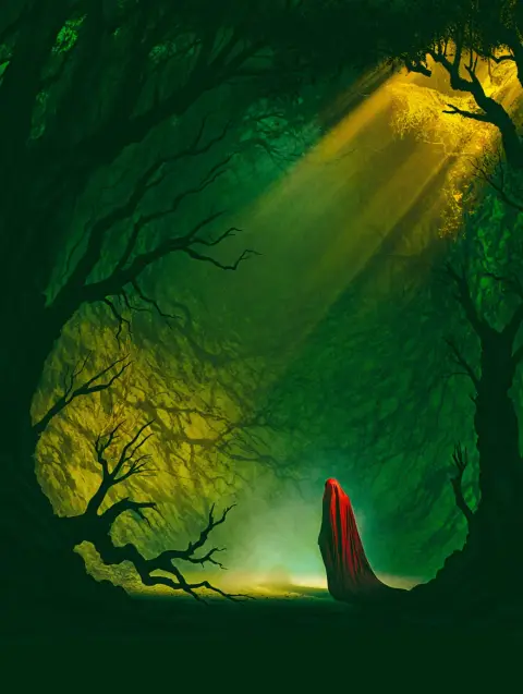 A lone figure, shrouded in a crimson cloak, stands at the edge of a moonlit clearing in a dense, ancient forest. The figure's face is hidden in shadow, but their body language exudes unease as they are bathed in an ethereal glow emanating from the clearing's center. Gnarled, skeletal branches reach out from towering trees, their leaves a mix of deep green and sickly yellow, casting long, menacing shadows across the forest floor. A single, golden ray of moonlight pierces the oppressive canopy, illuminating swirling mist and dust particles. The scene evokes a sense of foreboding and otherworldly dread, rendered with the heavy grain and saturated colors of a vintage 1970s horror film poster.