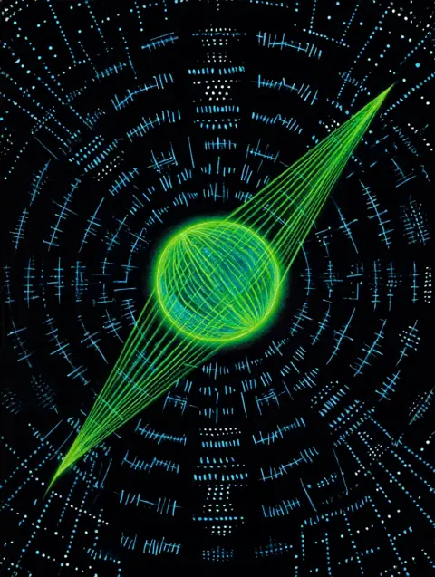 A vintage sci-fi paperback cover from the 1970s, set at sunset, depicting an alien artifact formed by a grid of neon green laser beams. The beams intersect to create a shimmering, ethereal orb, casting long shadows across a desolate lunar surface. Intricate glyphs composed of glowing dots and dashes in a contrasting blue hue surround the orb, forming an ancient alien language. The glyphs are arranged in concentric circles, creating a hypnotic pattern that extends to the edges of the cover. Airbrushed illustration with grainy texture, emphasizing the stark contrast between the vibrant green and blue against the dark, cool tones of the lunar landscape.