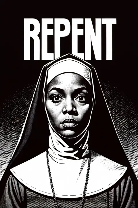 A black Japanese movie poster features a prominent title text reading "REPENT" in bold white English against a white rectangular background centered at the top. Below the title, an illustration depicts an African American woman wearing a traditional Catholic nun's habit with white coif and black veil. The poster utilizes high-contrast black and white bitmap printing techniques characteristic of 1970s Japanese horror film marketing, with visible halftone dot patterns throughout the illustration. High-contrast black and white bitmap printing with visible halftone patterns and sharp geometric typography typical of 1970s Japanese movie posters.