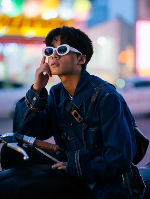 A film still capturing a young Asian musician at blue hour. The subject, clad in an oversized dark denim jacket with decorative straps and buckle details, sits contemplatively on a vintage motorcycle, white retro sunglasses perched on their face. The background features a vibrant neon-lit cityscape, blurred to create a sense of movement and energy. Shot with shallow depth of field and natural front lighting, the image exudes a cinematic, rebellious mood.